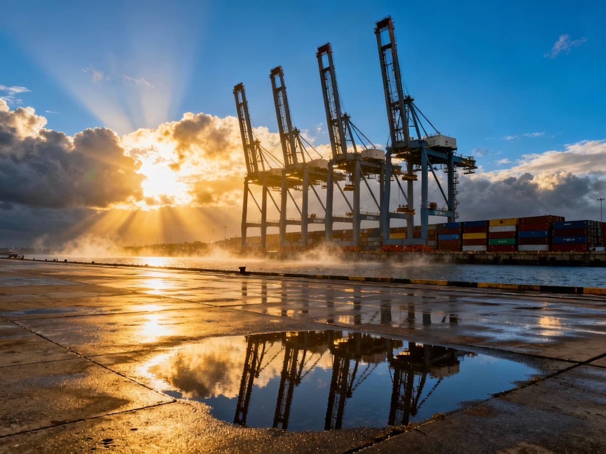 Energy and logistics terminal at sunrise